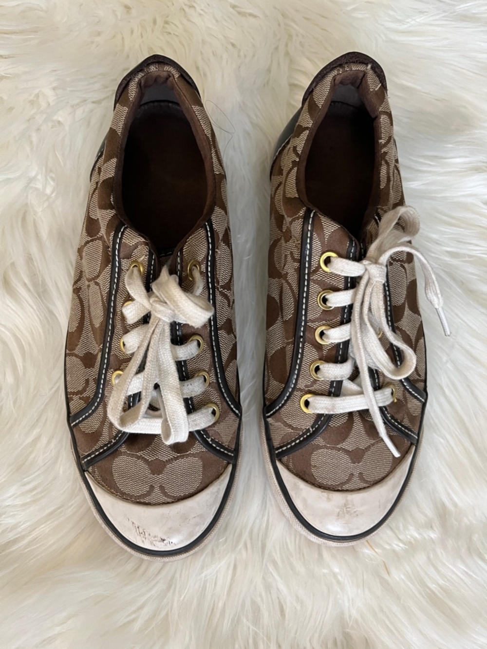 Coach Brown Monogram Canvas Sneakers with White Accents Size 8